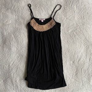 Black Long Tank Top Wood Beaded Neckline Size Medium Spaghetti Strap Tank Tunic